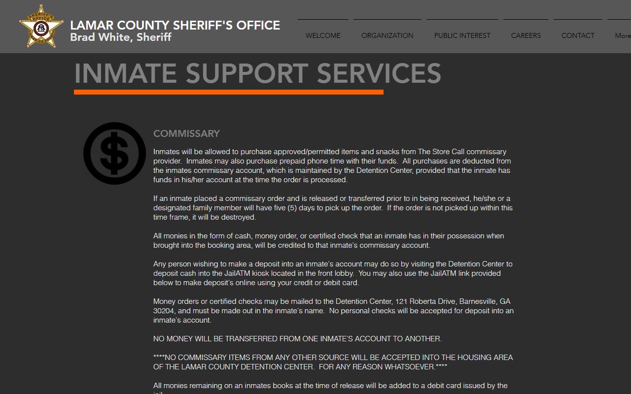 Lamar County inmate commissary and support services page