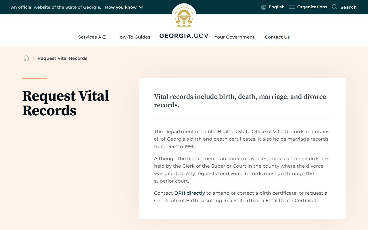 Georgia vital records request page with marriage record fee information
