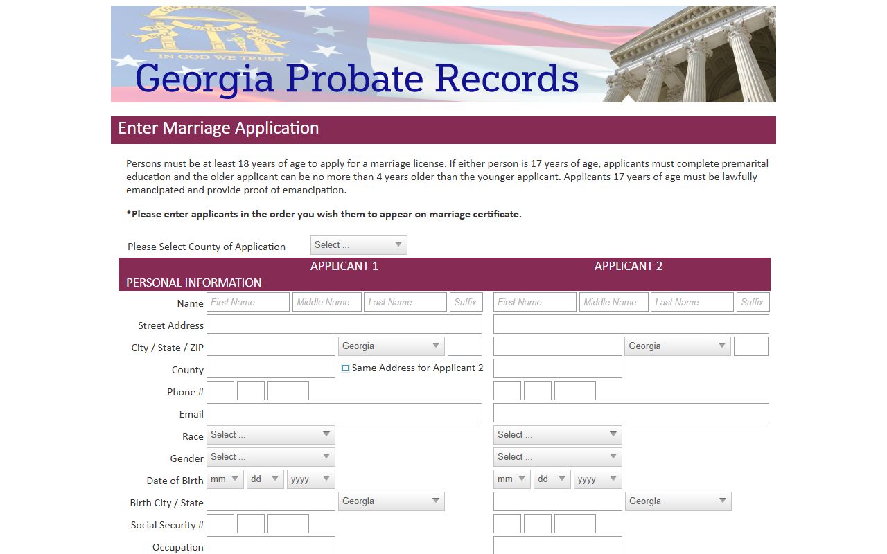 Georgia Probate Records online marriage application for Lamar County applicants