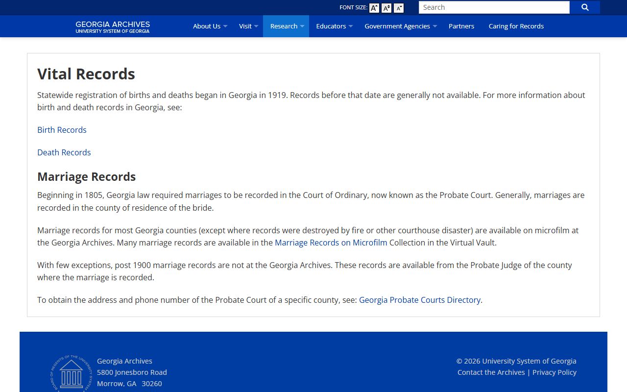 Georgia Archives vital records research page for marriage records