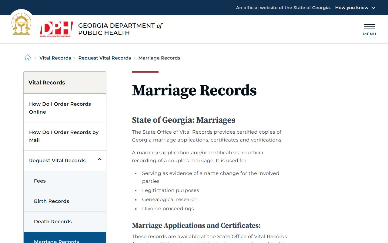 Georgia Department of Public Health marriage records information