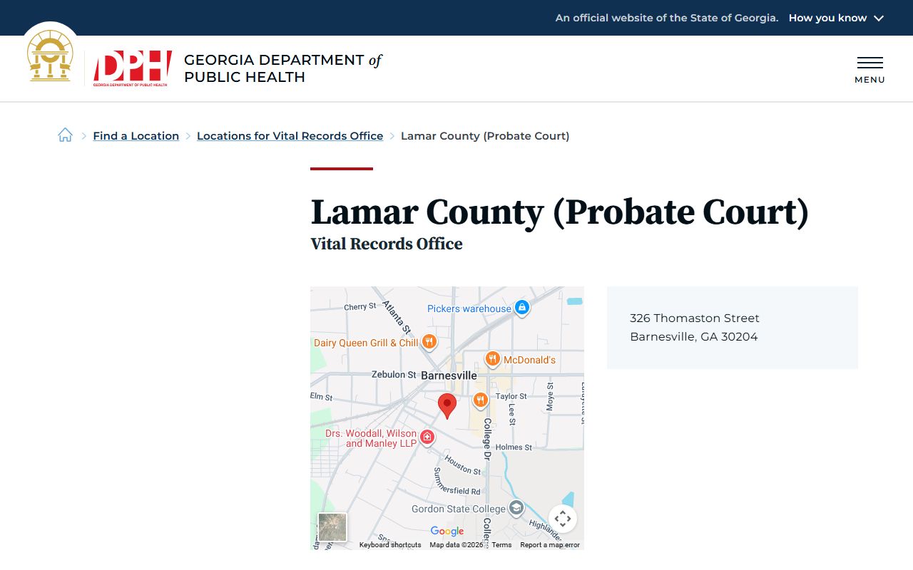 Georgia Department of Public Health location page for Lamar County Probate Court