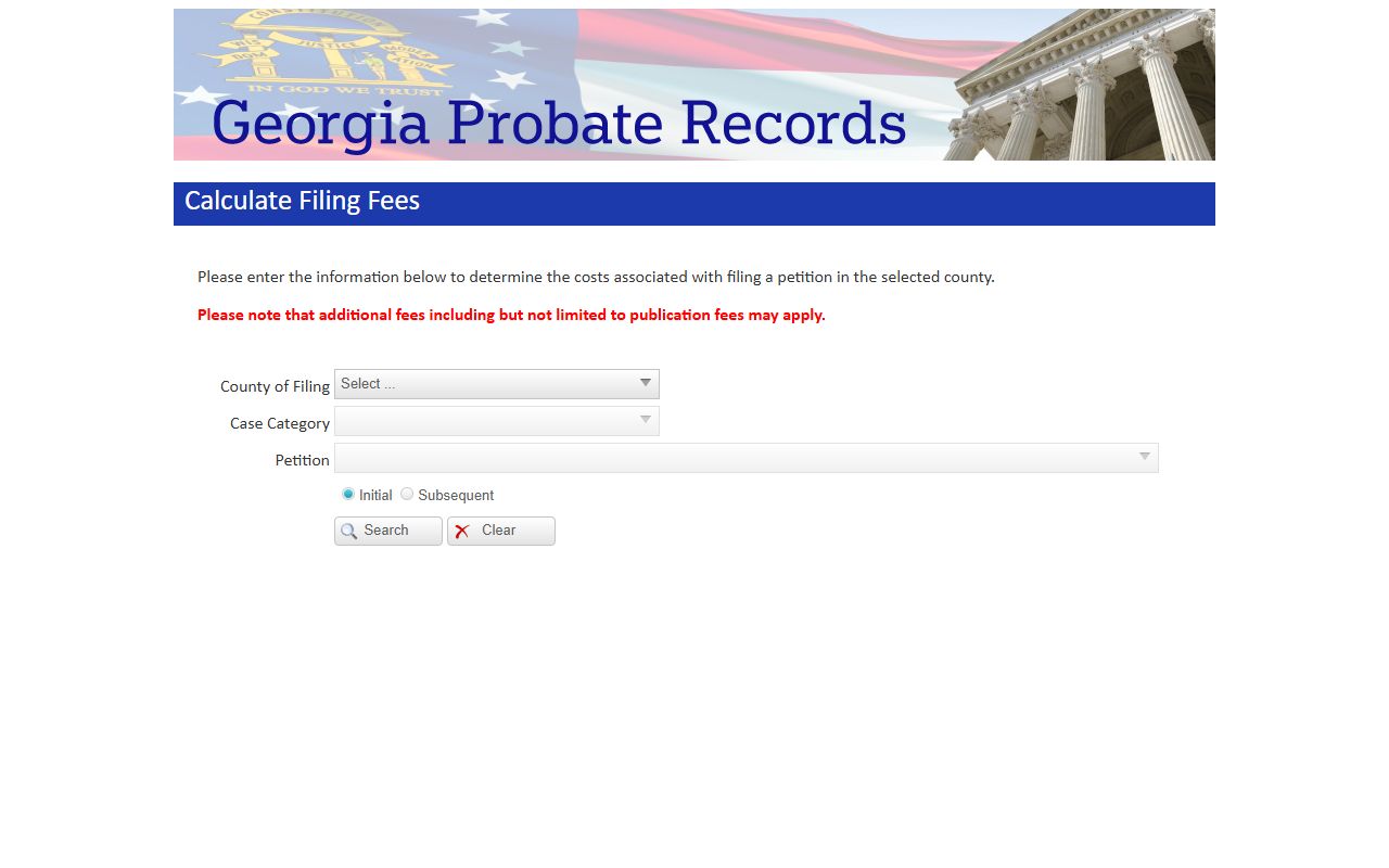 Georgia Probate Records petition fee calculator connected to probate court records